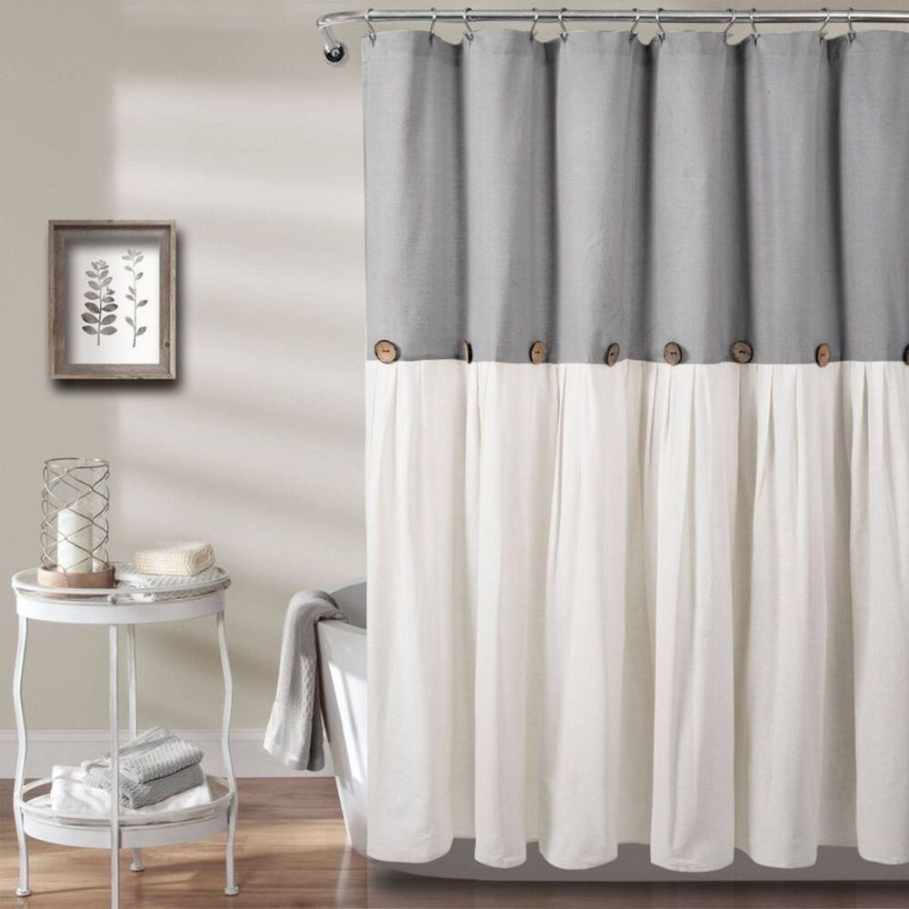 72"x84" Linen Button Shower Curtain Gray/White - Lush Décor Cotton Blend